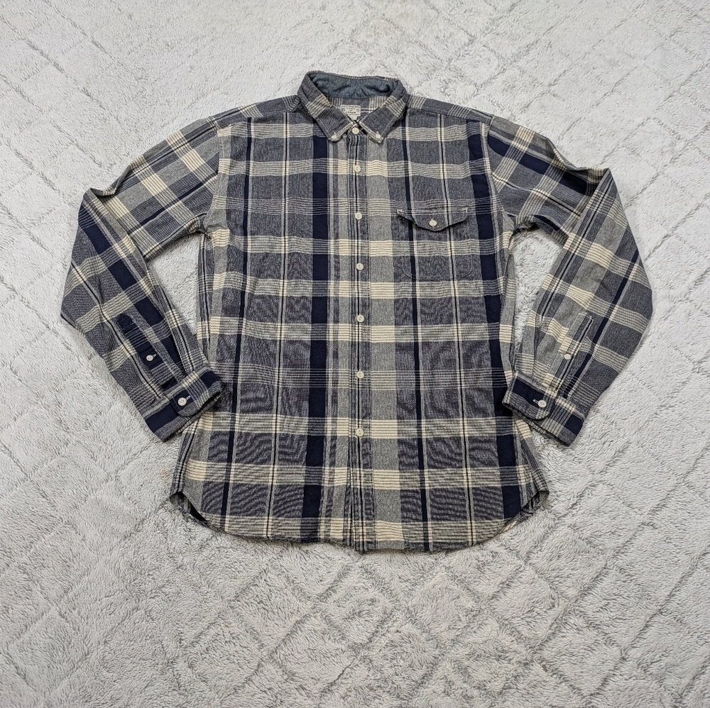 J. Crew Shirt Men's L Gray Blue Plaid Woven Cotton Button Up Slim Fit